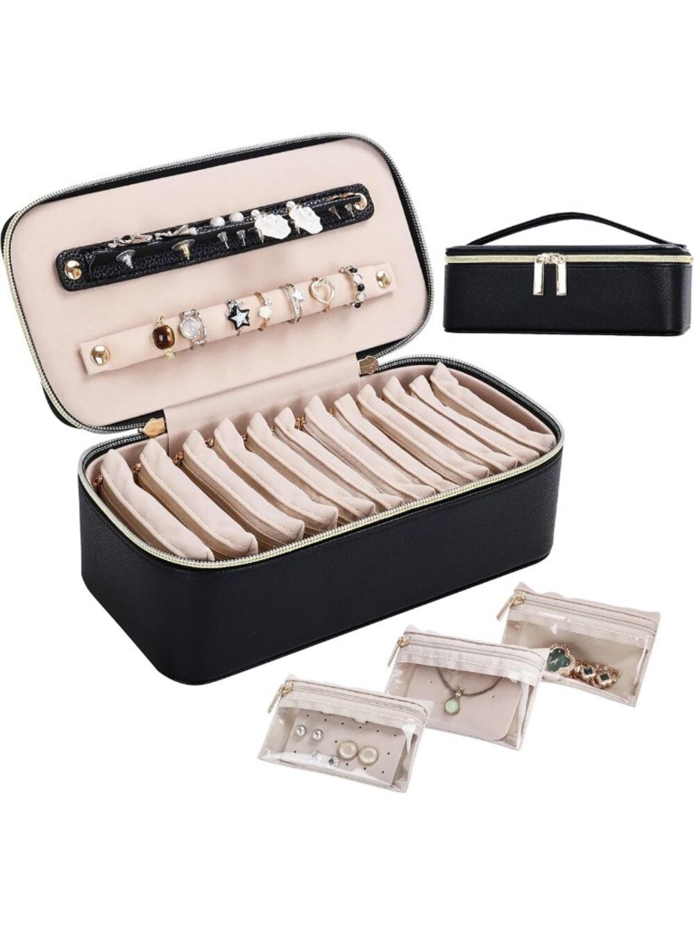 Spacious Portable Jewelry Travel Case with 12 Velvet Pouches for Necklaces